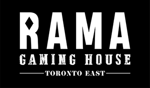 Rectangle, black background. White lettering: RAMA GAMING HOUSE - TORONTO EAST